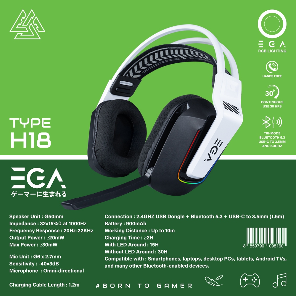 หูฟังเกมมิ่งไร้สาย EGA TYPE H18 RGB Gaming Headset bluetooth, Wireless,สาย AUX3.5 ไมค์ถอดได้ - H18