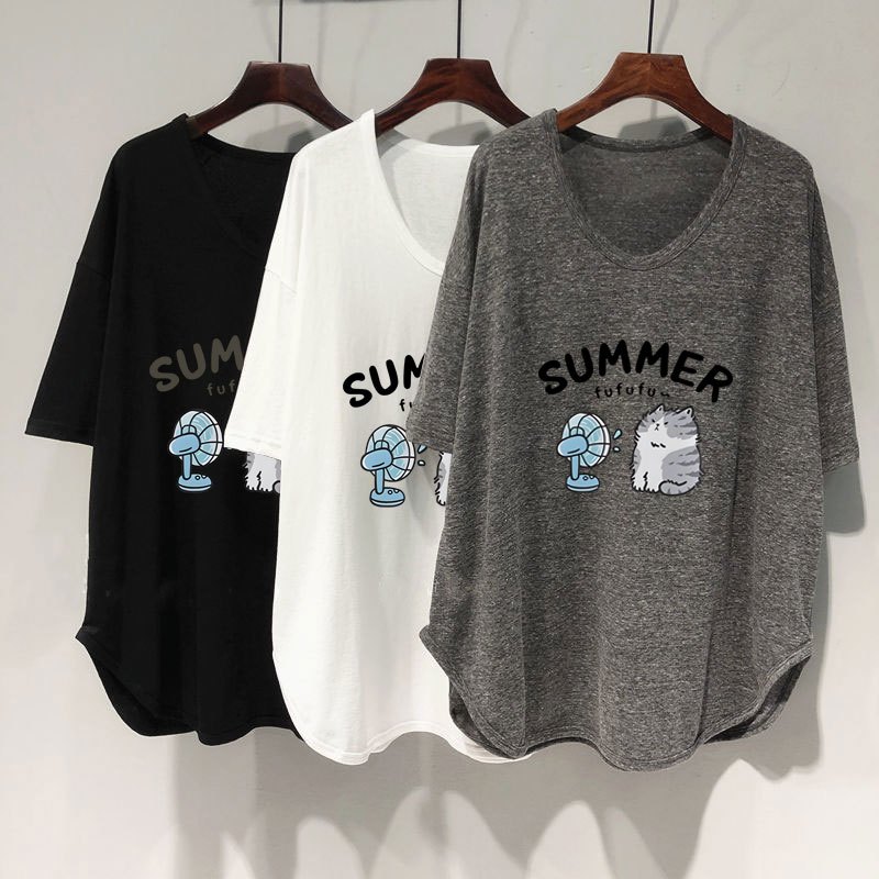 เสื้อยืดแฟชั่นผู้หญิงฤดูร้อนใหม่ ลายการ์ตูน Oversize เสื้อผ้าสาวอวบคนอ้วนไซส์ใหญ่ 90โลสวยๆ เสื้อโอเวอร์ไซส์สไตล์เกาหลี