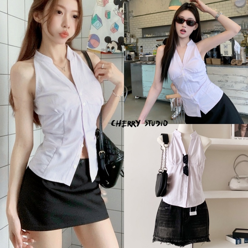 Cherry พร้อมส่ง เสื้อเชิ้ตแขนกุด คอวี  สไตล์ลําลอง เสื้อครอปทรงรัดรปกกระดุมหน้า เอวลอย โชว์ไหล่ลายริ้ว สําหรับผู้หญิง