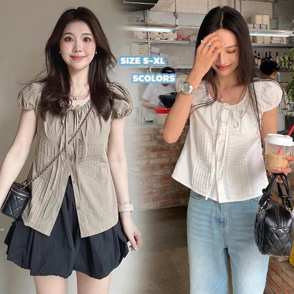 Chili#เสื้อเชิ้ตคอยูสไตล์ฝรั่งเศสหวานๆ พร้อมโบว์ไทสำหรับผู้หญิงในฤดูร้อน  แขนพองสั้นทรงเข้ารูป เสื้อน่ารักๆ ผู้หญิง#W569