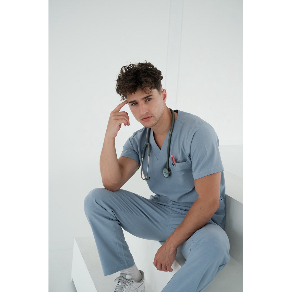 HOURS.Scrub l First Hours Collection l ชุดสครับคอวี Unisex สี Sky Blue