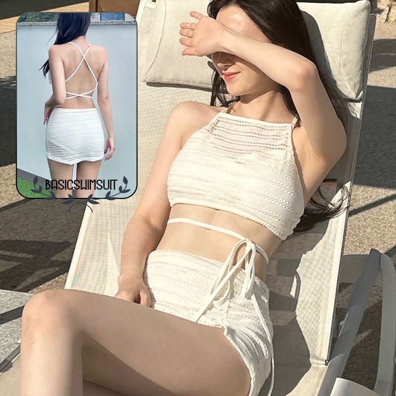 🧡Basic swimsuit💛สไตล์เกาหลี ชุดว่ายน้ำทูพีซ ชุดว่ายน้ำแบบสุภาพ ลูกไม้และตาข่าย สองสี แฟชั่น
