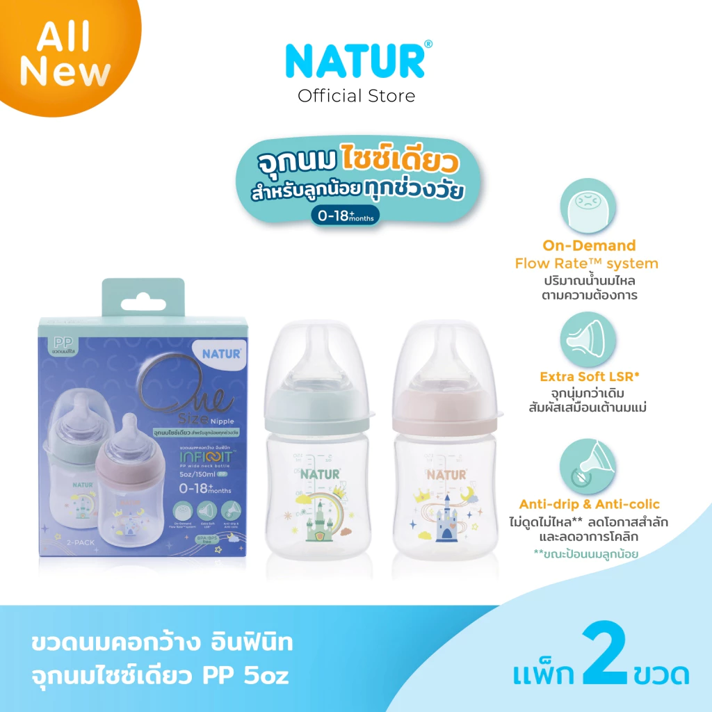[NEW] NATUR เนเจอร์ INFINIT ขวดนม ขวดนมคอกว้าง อินฟินิท PP 5oz ลายปราสาท (แพ็ก 2)