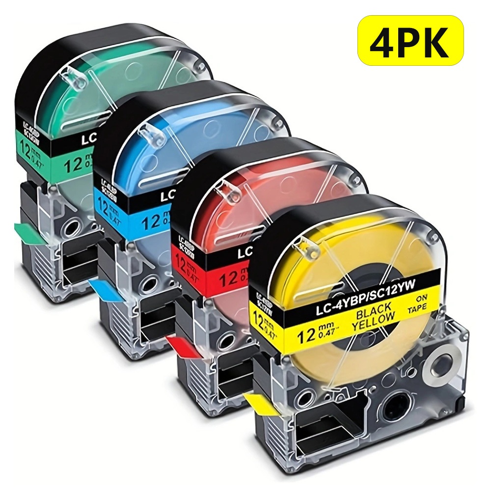 4 ชิ้น-12mm * 8m SC12YW ฉลากเข้ากันได้กับเครื่องพิมพ์ฉลาก Epson / KINGJIM LW-300 LW-400 LW-600P ผู้ผลิตฉลาก