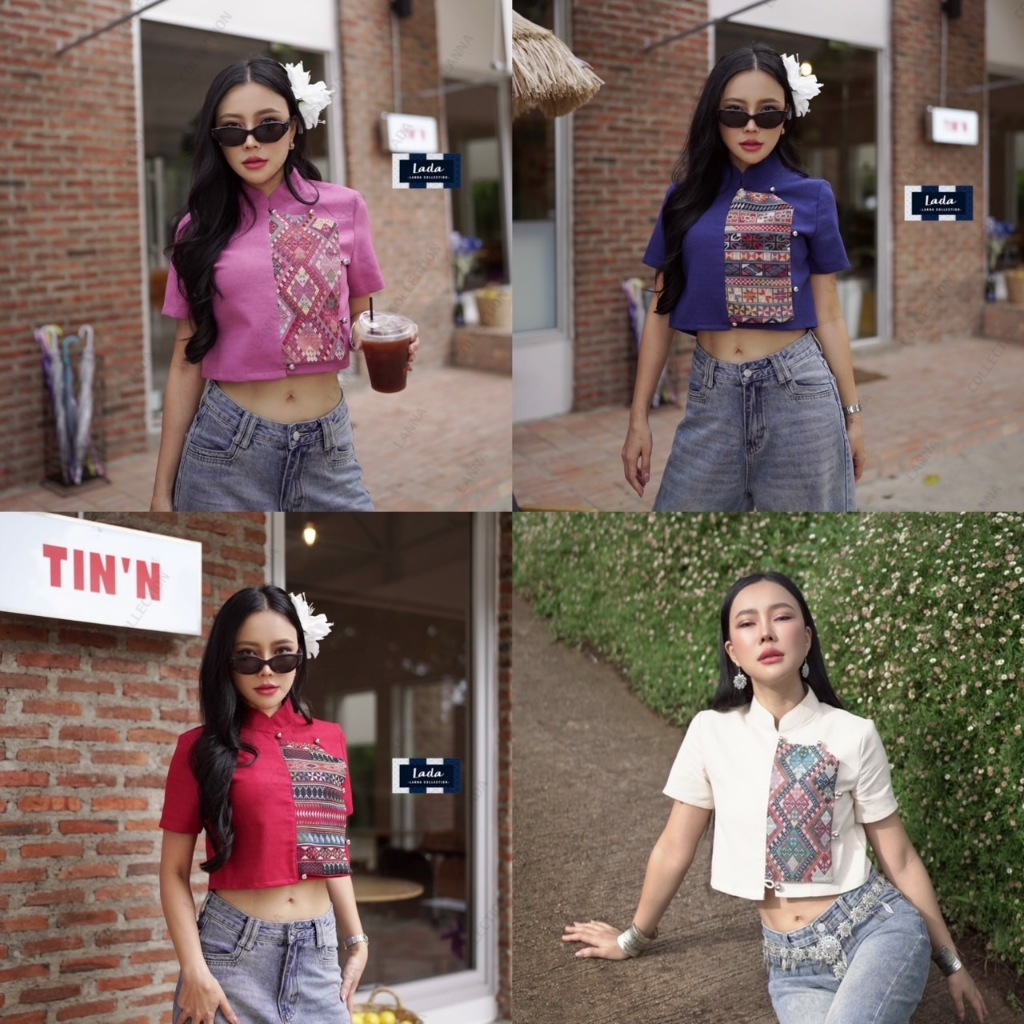 เสื้อคอจีนผ้าอัดกาว แต่งลายผ้าทอมี4สี มาใหม่