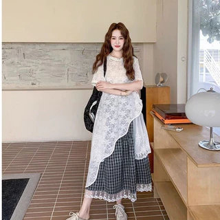shayne-2025 ใหม่ เสื้อยืดสตรี ผิดปกติ รุ่นยาว ลูกไม้ ประเภทรุ่นหลวม ความเรียบง่าย หวาน แฟชั่นฤดูร้อน