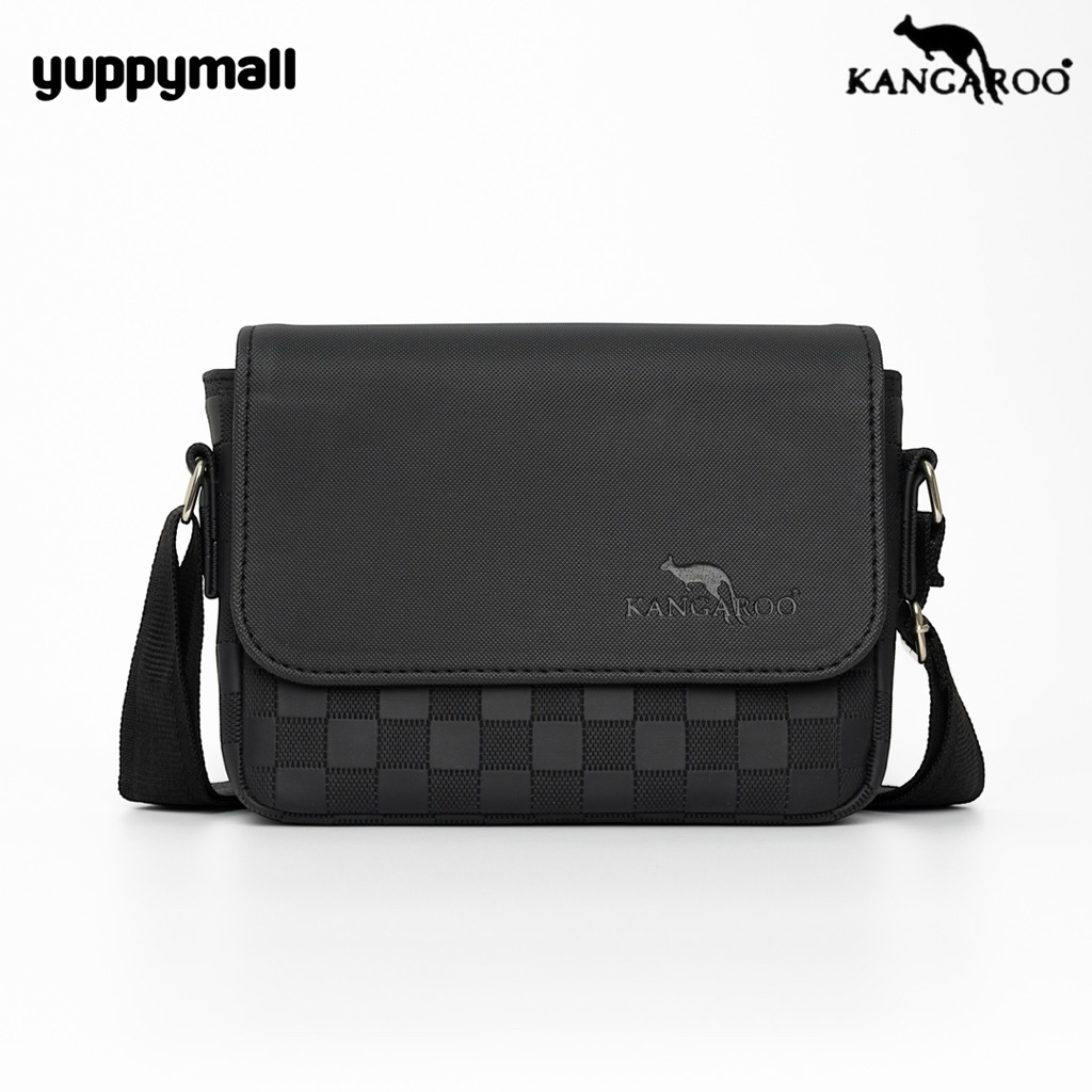 กระเป๋าสะพายข้าง  Kangaroo หนัง PU ลายตารางฝาเรียบ ขนาด 8.5 นิ้ว Made in Thailand