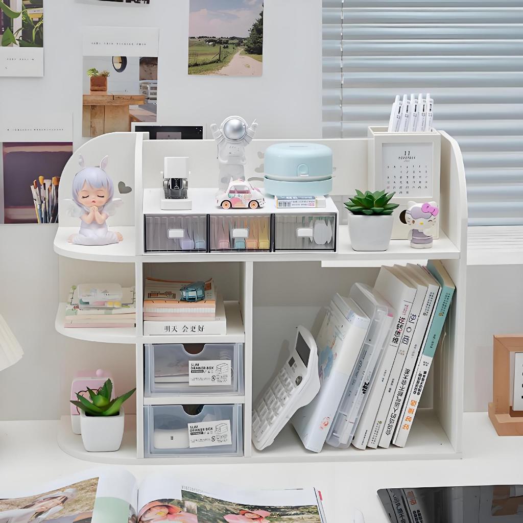 ชั้นใส่ปากกา ชั้นเก็บของ ที่เก็บหนังสือ มีลิ้นชักใส่เครื่องเขียนและจัดระเบียบบนโต๊ะทำงาน