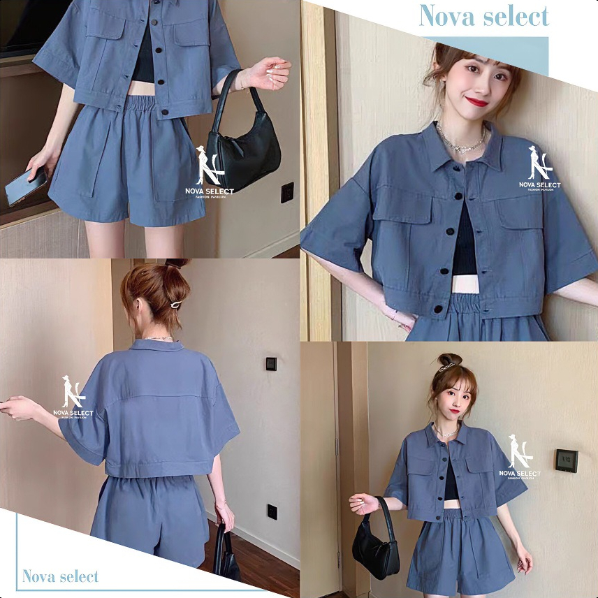 ชุดเซ็ตกางเกงขาสั้น เอวกลาง แขนสั้น คอปก มีกระเป๋า แต่งกระดุมหน้า สีพื้น สไตล์ลำลอง สำหรับผู้หญิง