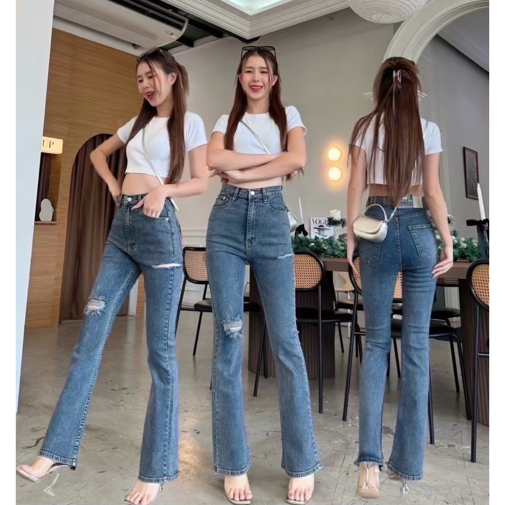 กางเกงยีนส์ขาม้าผ้ายืด สี CHIC BLUE แต่งขาด ใส่แล้วขาดูยาว สูง พรางหุ่นดูผอม