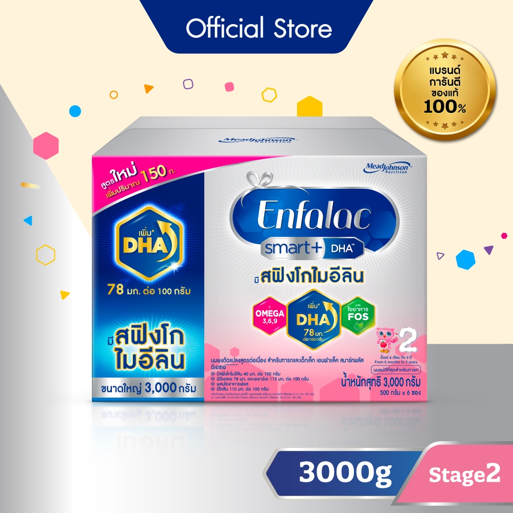 นมผง เอนฟาแล็ค สมาร์ทพลัส ดีเอชเอ สูตร2 (3000 กรัม) Enfalac Smart+ DHA Stage2 (3000 g)
