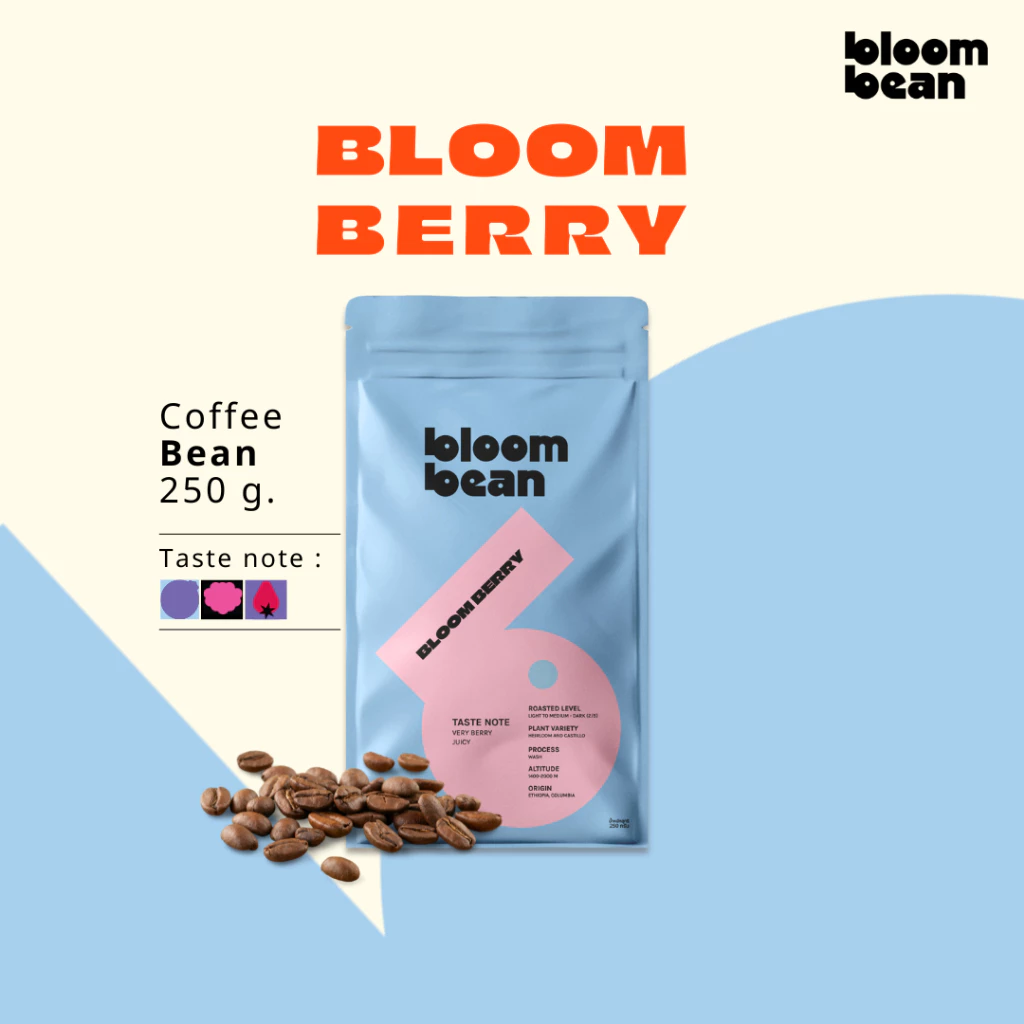Bloom Bean กาแฟคั่วอ่อนรส Bloom Berry ส่วนผสมที่ลงตัวจากเอธิโอเปียและโคลัมเบีย หอมกลิ่นเบอร์รี่ รสหวานอมเปรี้ยว สดชื่น