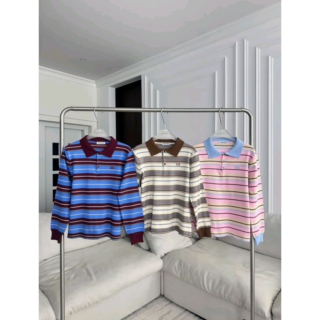 PTPL0283 เสื้อโปโลแขนยาวลายทาง ปัก Promthong มีชมฟ้า,ครีมน้ำตาล