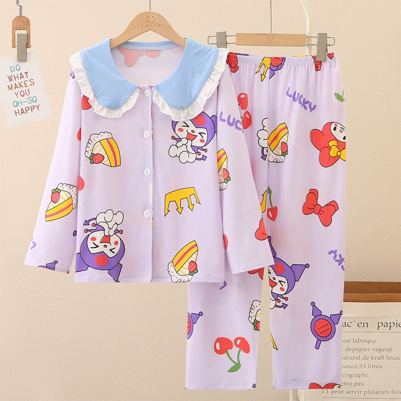 ชุดนอนคอบัวเด็กผู้หญิง ชุดนอนขายาว ผ้าซาติน ลายการ์ตูนน่ารัก เนื้อผ้ามีความนุ่มลื่น