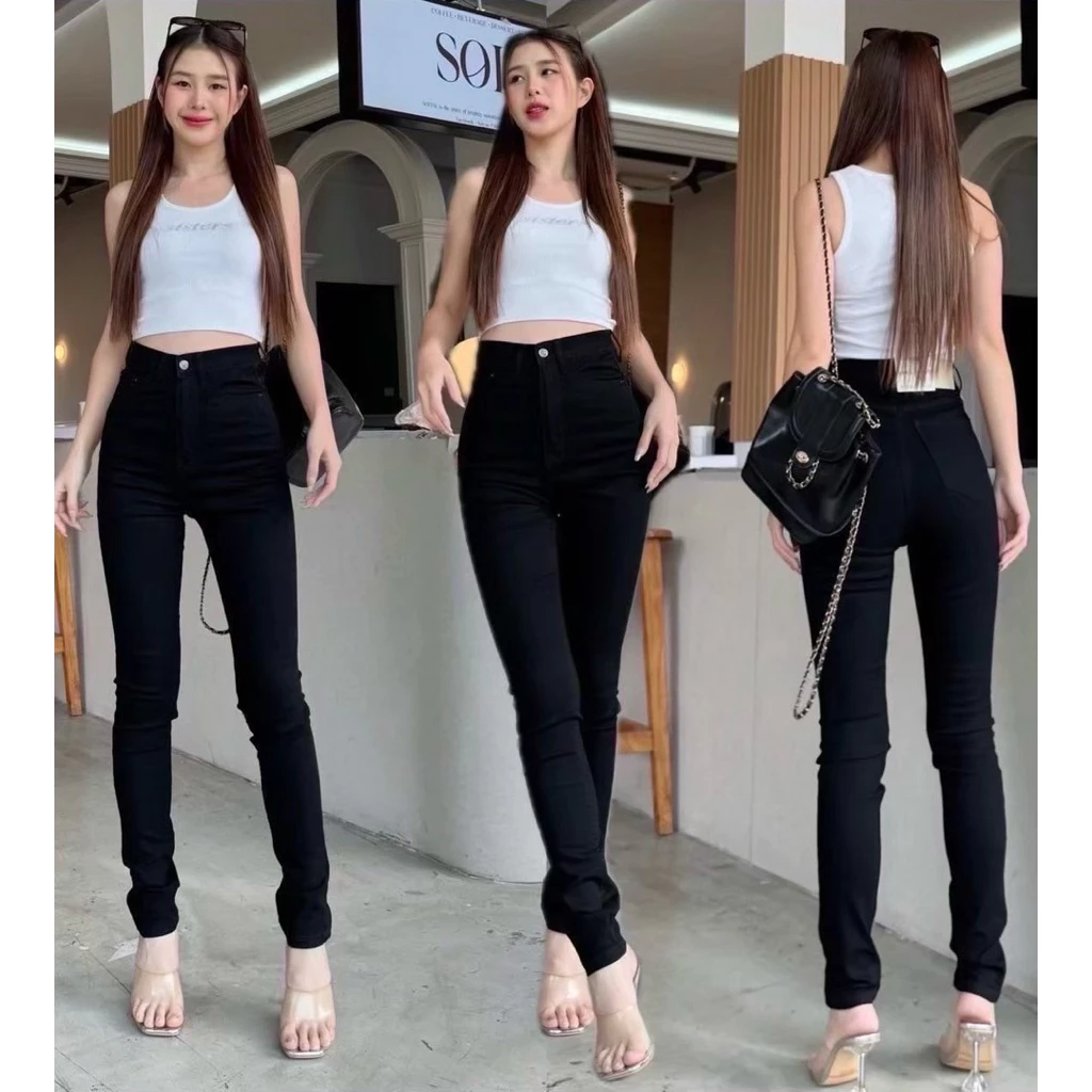 กางเกงยีนส์ขาเดฟดำซิป เอวสูงปรี๊ด super black ยืด ขายาว ไม่ลอย ใส่ทำงานได้ สวยเป๊ะ