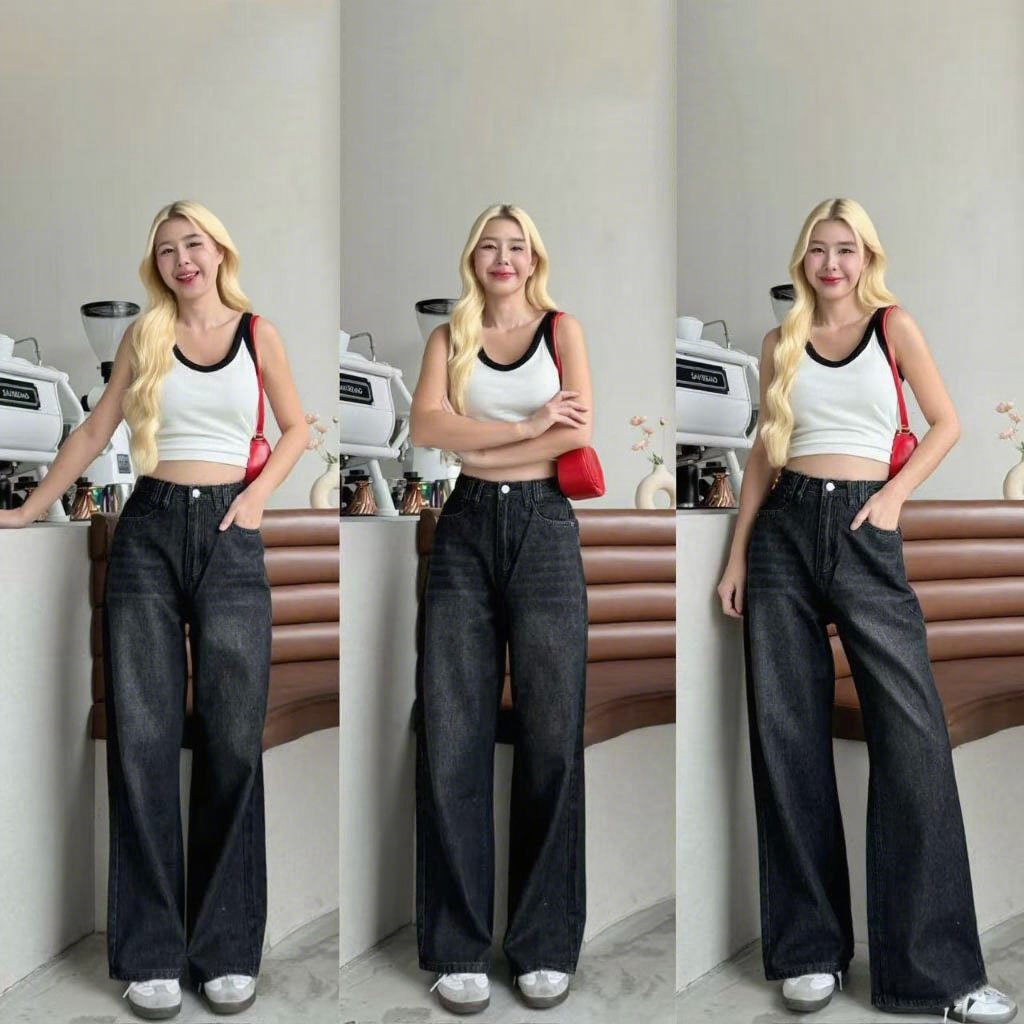 ⭐919JEANS⭐ยีนส์สีขาว ยีนส์เอวสูง กางเกงสีขาวผู้หญิง กางเกงยืน ยีนสีขาว