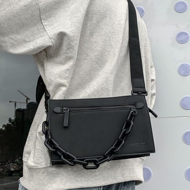 กระเป๋าถือข้างผู้ชายแบบลายเรือน เสริมสไตล์สตรีท แบบเกาหลี กระเป๋าใส่ขาแบบทรงสี่เหลี่ยม แบบใส่ได้ข้าง
