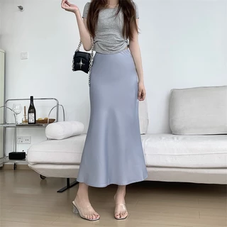 Bived S-6XL กระโปรงยาวผู้หญิง เอวสูง กระโปรงทรงหางปลา ผ้าบาง กระโปรงทรงเอ ขอบเอวซิป