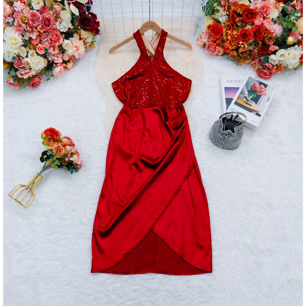 ชุดเดรสออกงานอีเว้นท์ สีแดงเลือดหมู ชุดราตรี ผ้าซาติน