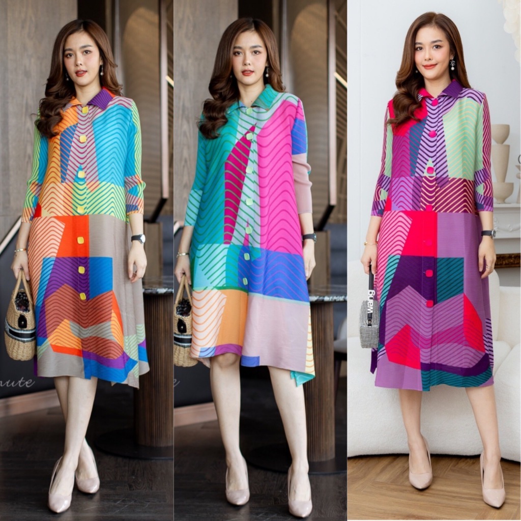 Cutie minute PD08025  เดรสผ้าอัดพลีท Premium Pleatd Fabric ลวดลายผ้าผสมผสานลายเส้นกราฟิก