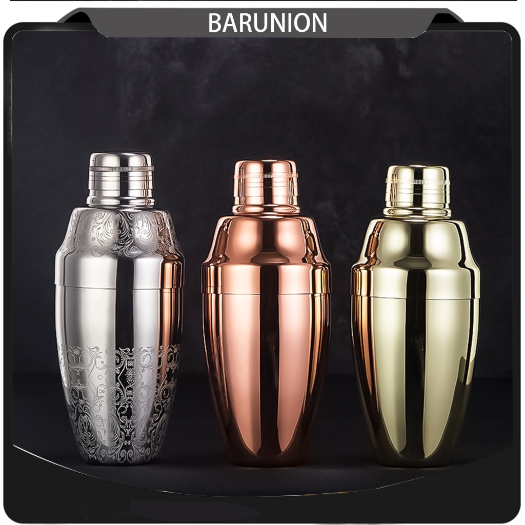 BARUNIONเชคเกอร์ Shaker รุ่นคลาสสิก วินเทจ 3 ชิ้น แบบดั้งเดิม แบบผิวเงากระจกใช้สำหรับเขย่าผสมค็อกเทล