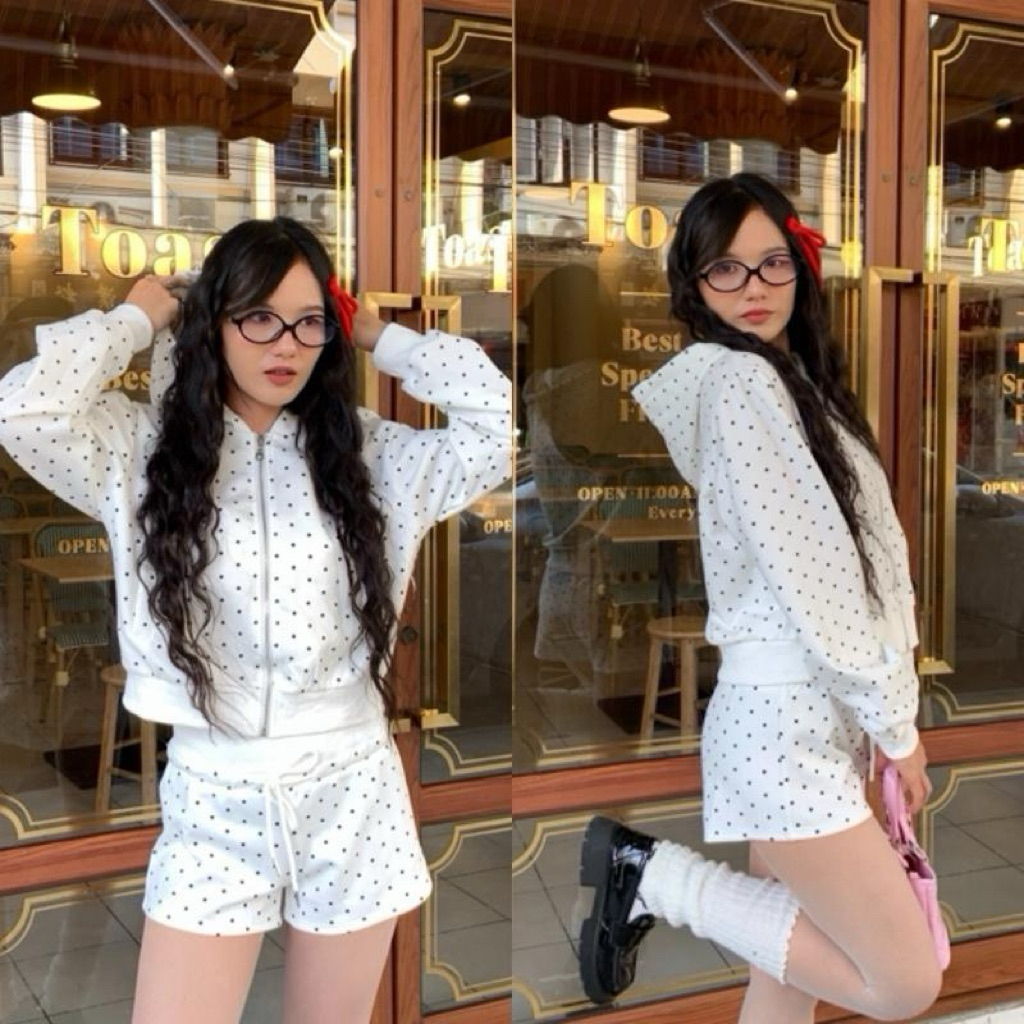 Polka dot set เสื้อฮู้ด+กางเกงขาสั้น (ลายจุด)