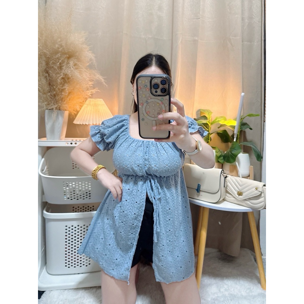 395 เสื้อฉลุตัวยาวสาวอวบ ผ่าหน้าน่ารัก :อก32-44ยืด46