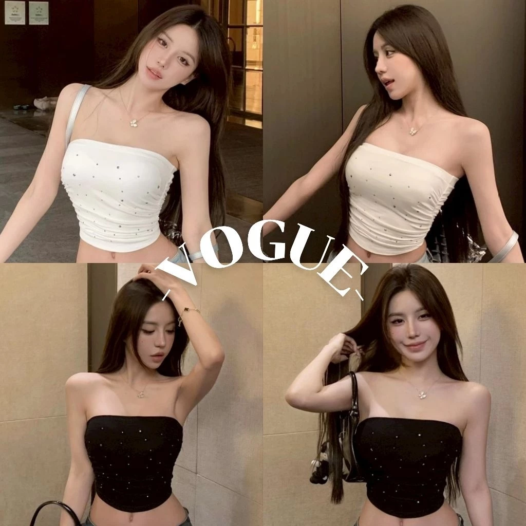 Vogue🌟พร้อมส่ง🌟 เสื้อเกาะอก เสริมฟองน้ำ ติดเพชรเล็ก สีพื้นใส่สบาย (FY3552)
