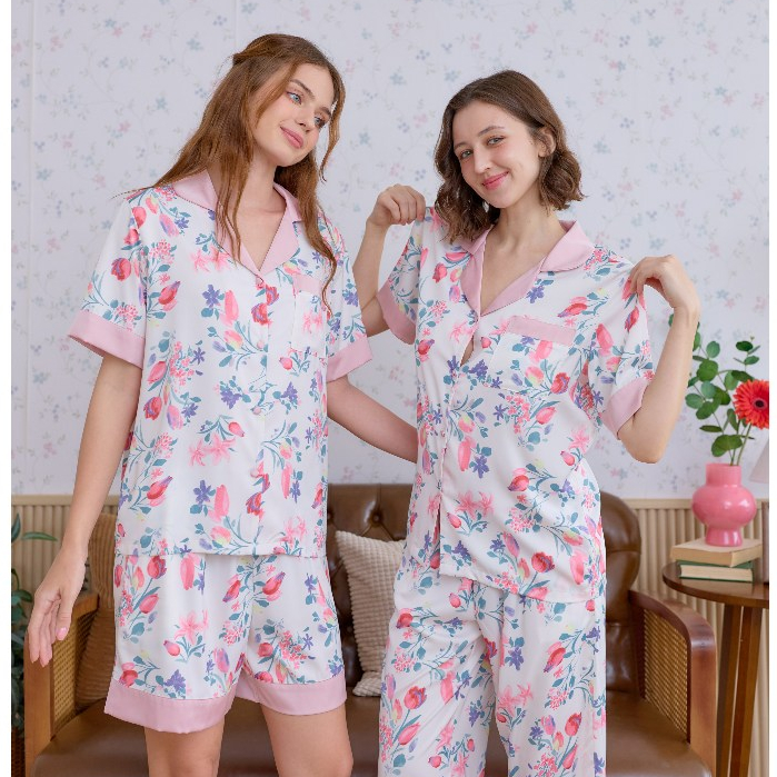 ชุดนอน Muslin Pajamas Silk Satin รุ่น Rose white (L800 N800 T800)| ชุดนอนผู้หญิง