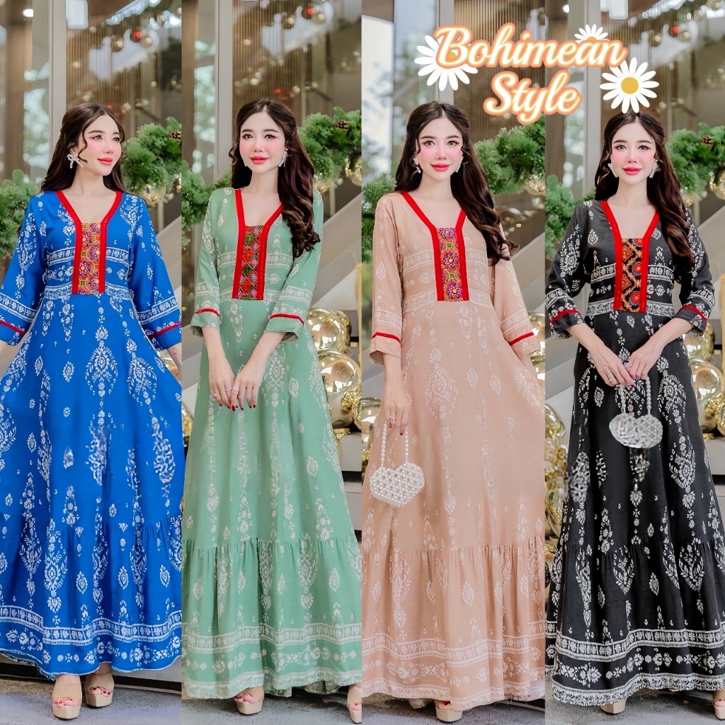 MAXI DRESS BOHEMIAN ชุดเดรสลายโบฮีเมียน ชุดมุสลิม ชุดยาวใส่สบายไม่ร้อน เรียบหรูมีสไตล์