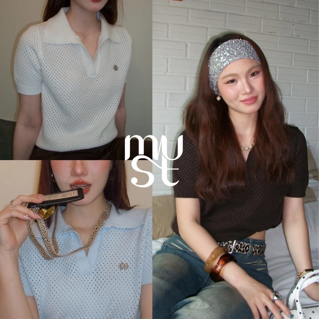 (พร้อมส่ง) MUSTNIMAL | GANNI knit polo เสื้อไหมพรมโปโล ผ้าหนานุ่ม ฉลุระบายอากาศ ใส่ทำงานได้ FREESIZE