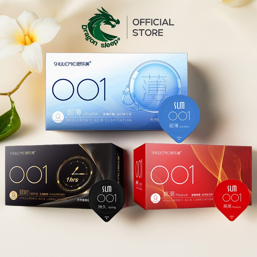 SLM ถุงยางอนามัย 001 ชนิดเรียบบาง ปุ่ม อึด เย็น เนื้อถุงยางมีคุณภาพ +ไฮยาลูรอน กลิ่นมิ้นท์ ไซส์ 52