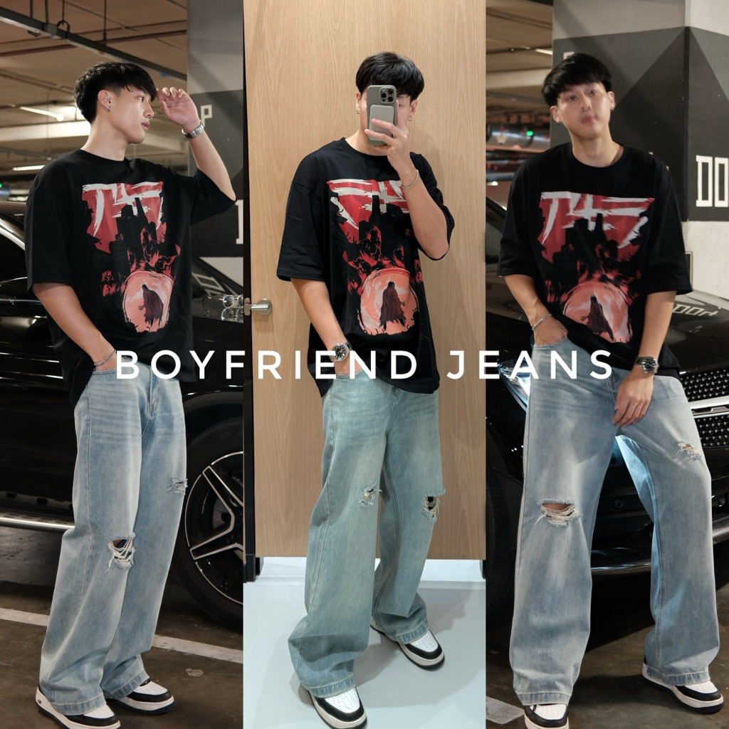 023 Boyfriend jeans (890.-) “พร้อมส่ง“ กางเกงยีนส์ผู้ชายทรงขากระบอกใหญ่ แต่งขาดเข่า สีอ่อนสวย ให้ความเท่ใส่สบาย
