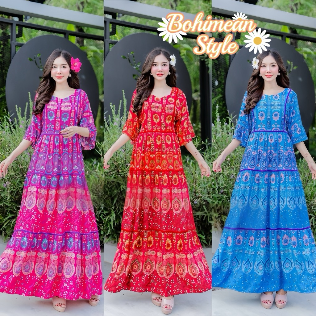 Maxi Dress Bohemian ชุดเดรสยาวผ้าพิมพ์ลายสไตล์โบฮีเมียน ชุดเดรสอินเดียผู้หญิงใส่ออกงาน เสื้อผ้าใส่เที่ยวทะเล