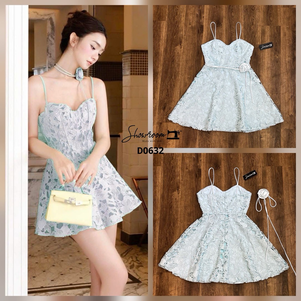 M9【 ส่งด่วน สอบถามก่อนสั่ง 】Showroom Dress ชุดเดรสสั้นสายเดี่ยวผ้าลูกไม้ทอฉลุลาย3D มา+โชคเกอร์ดอกไม้ ไซส์  S-XL