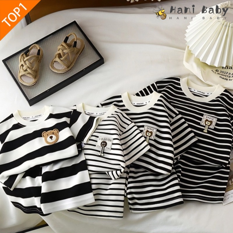 ชุดเด็กฤดูร้อน ชุดเซ็ตเด็กชาย-หญิง 1-6 ขวบ แขนสั้น+ขาสั้น ลายทางขาวดำ 2 ชิ้น ระบายอากาศดี ใส่สบาย