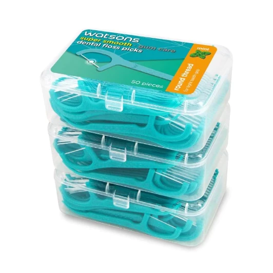 WATSONS วัตสัน ซุปเปอร์ สมูธ ไหมขัดฟันเส้นกลม กลิ่นมิ้นท์ ชนิดด้าม 50 ด้าม แพ็ค 3 กล่อง