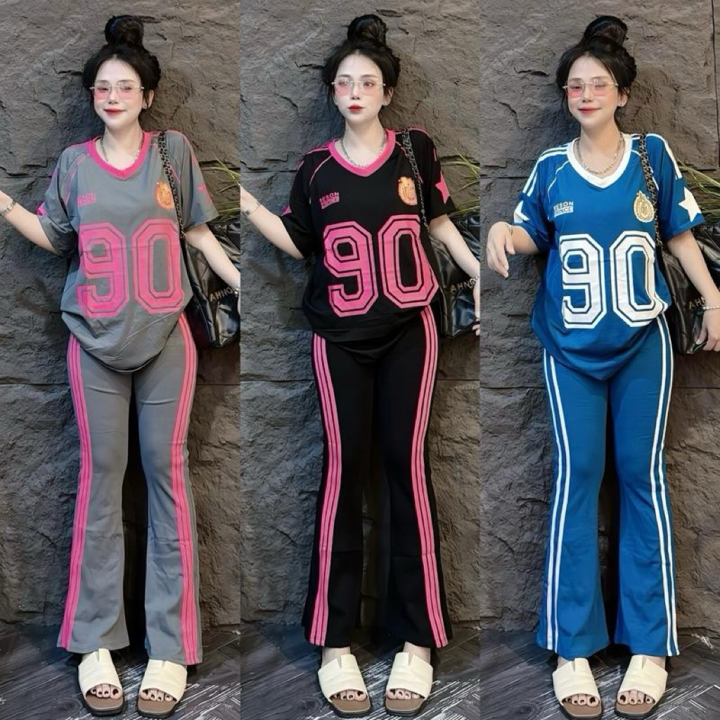 ชุดเซ็ท 2ชิ้น คอวีพิมพ์ลาย 90ขาม้า ฟรีไซร์