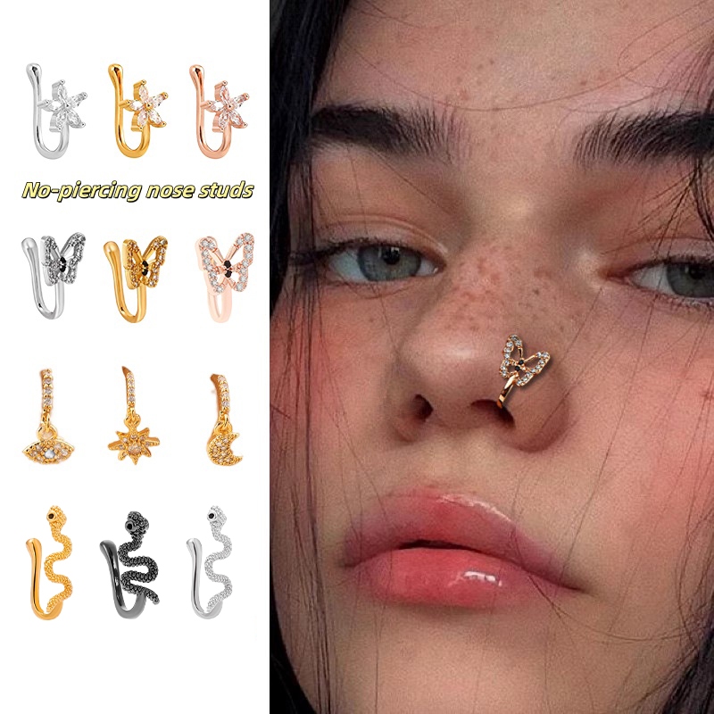 สตั๊ดจมูก ไม่ต้องเจาะ ทรงตัว U  โลหะประดับเพชร มีหลายสไตล์ให้เลือก  ส่งไวจากไทย