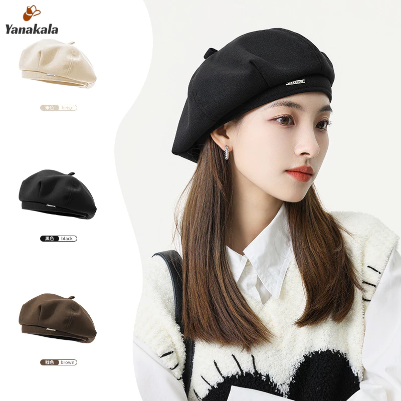ส่งเร็ว🚚หมวกเบเร่ต์ Beret สไตล์เรโทร แฟชั่น พิมพ์ลายตัวอักษรโลหะ ผ้าสังเคราะห์นุ่ม สําหรับผู้หญิง มีหลายสี-Yanakala