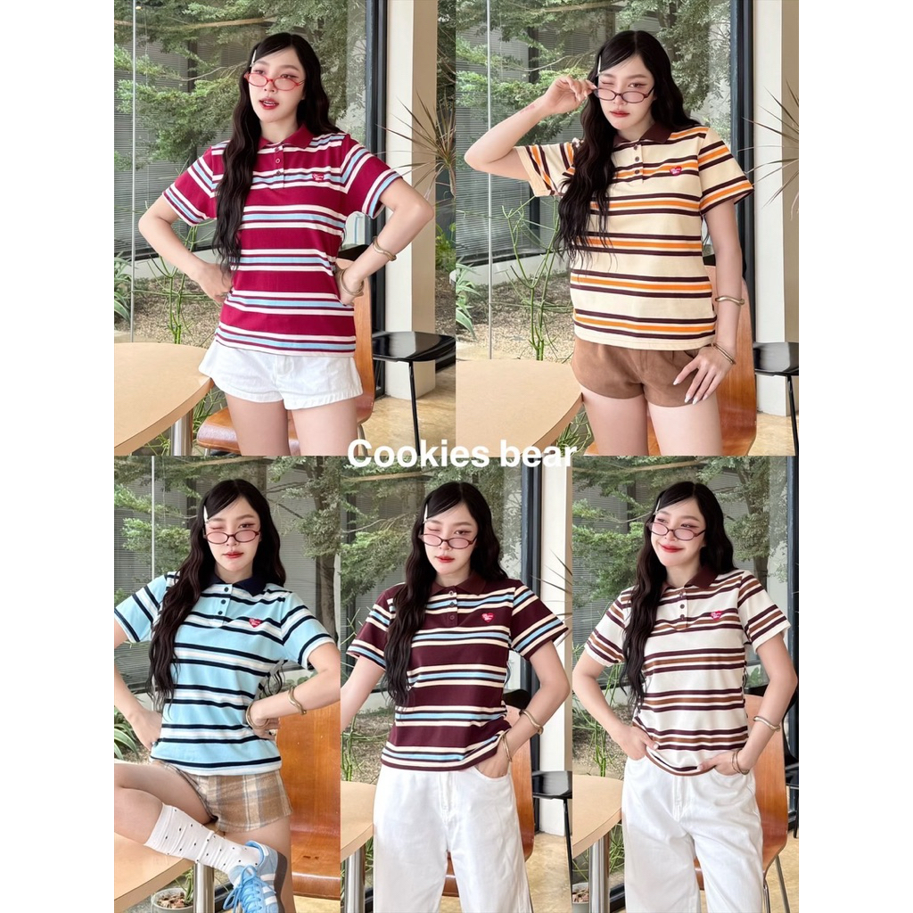 A19 - Cookies Bear 🐰 เสื้อเชิ้ตคอปกโปโลแขนสั้น ผ้ายืดลายริ้วงานปัก