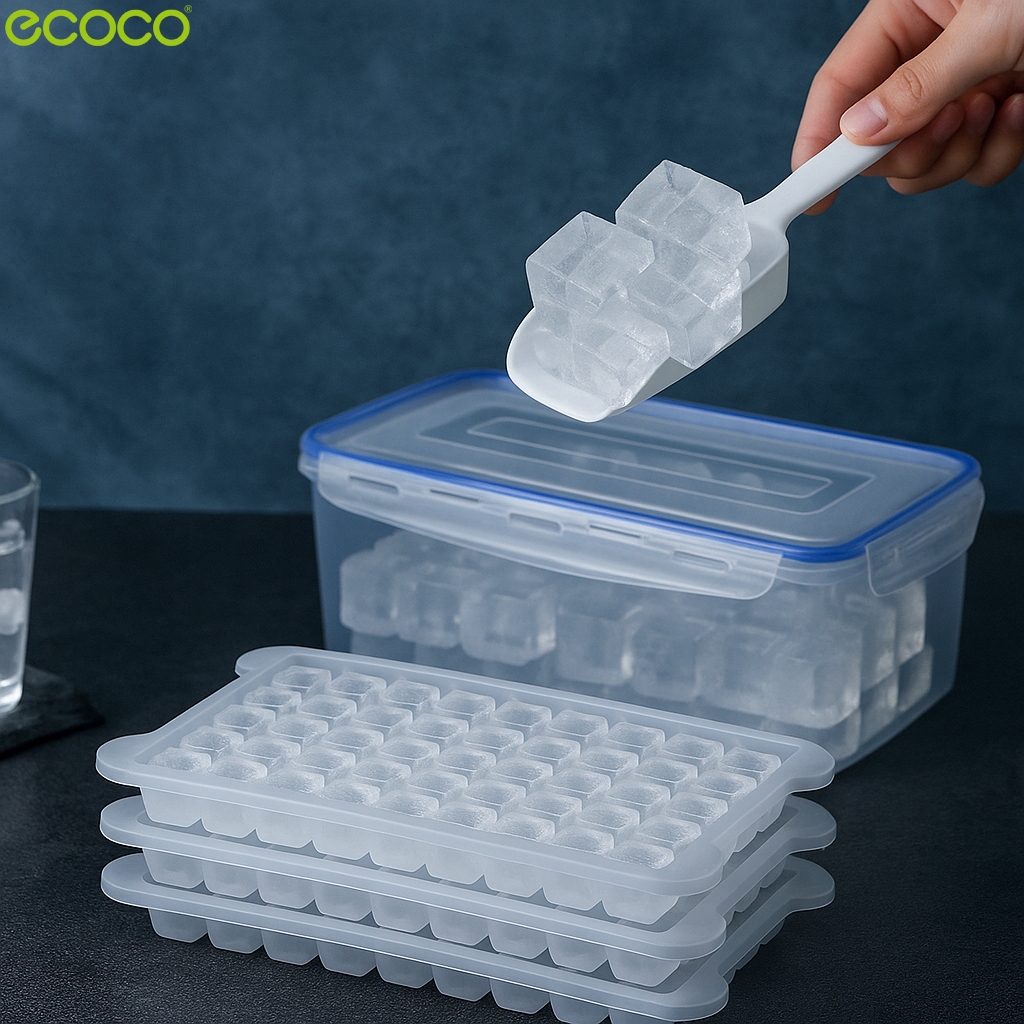 Ecoco กล่องใส่น้ำแข็ง ฟรีที่ตักน้ำแข็ง ที่ทำน้ำแข็งหลายชั้น แม่พิมพ์มีฝาปิด Ice Box