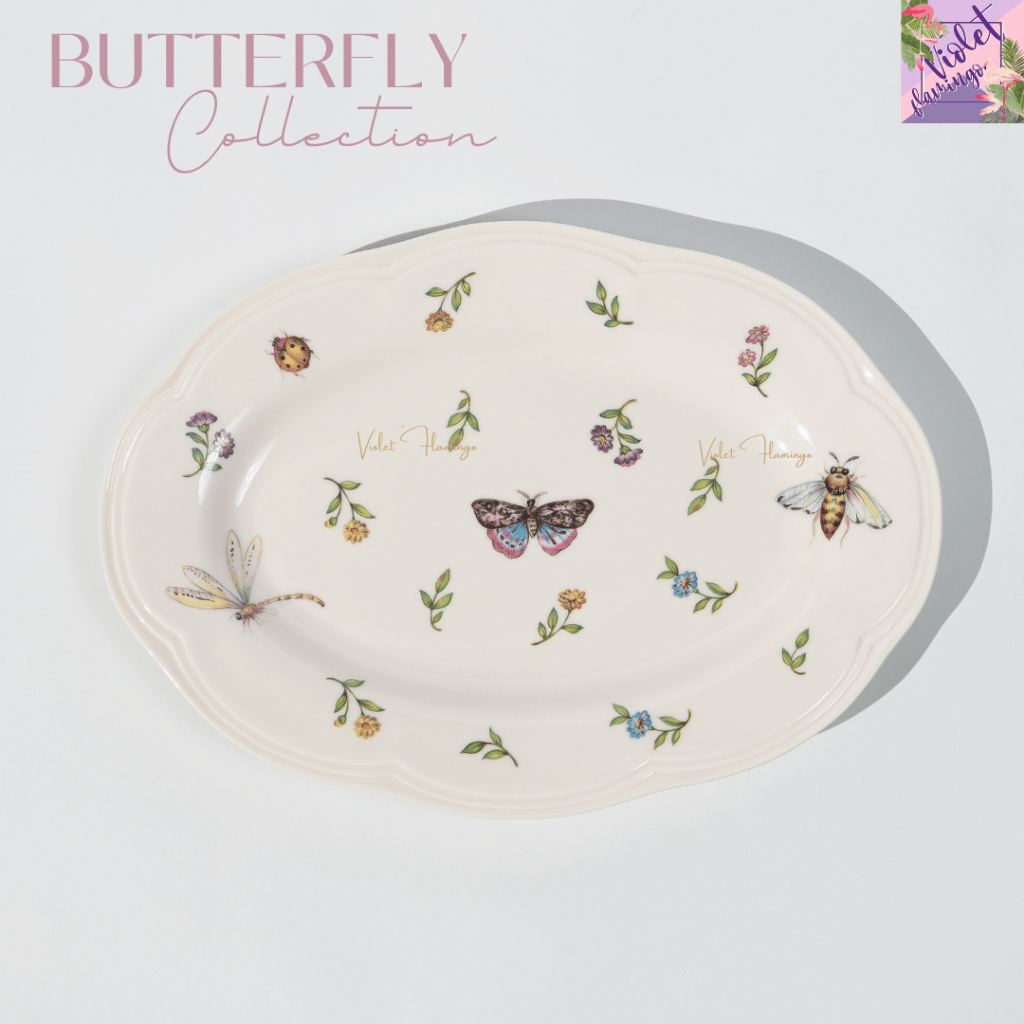 Violet Flamingo จานชามเซรามิก Butterfly Collection จานชามลายผีเสื้อและลายแมลงปอ จานผีเสื้อ จานขนม จานอาหาร