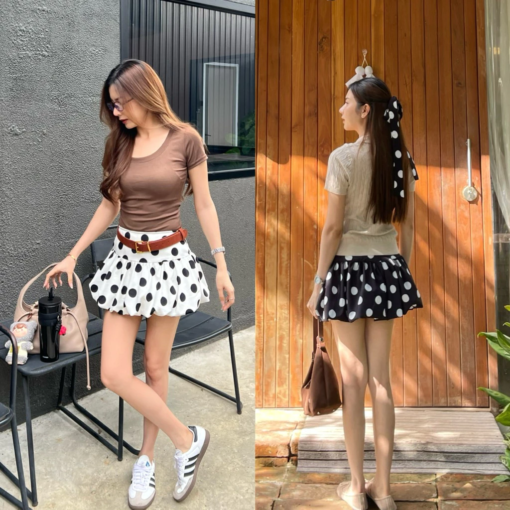 BRB : Polka dots balloon skirt กระโปรงบอลลูนลายจุด แถมเชือกผูกผม 1 เส้น