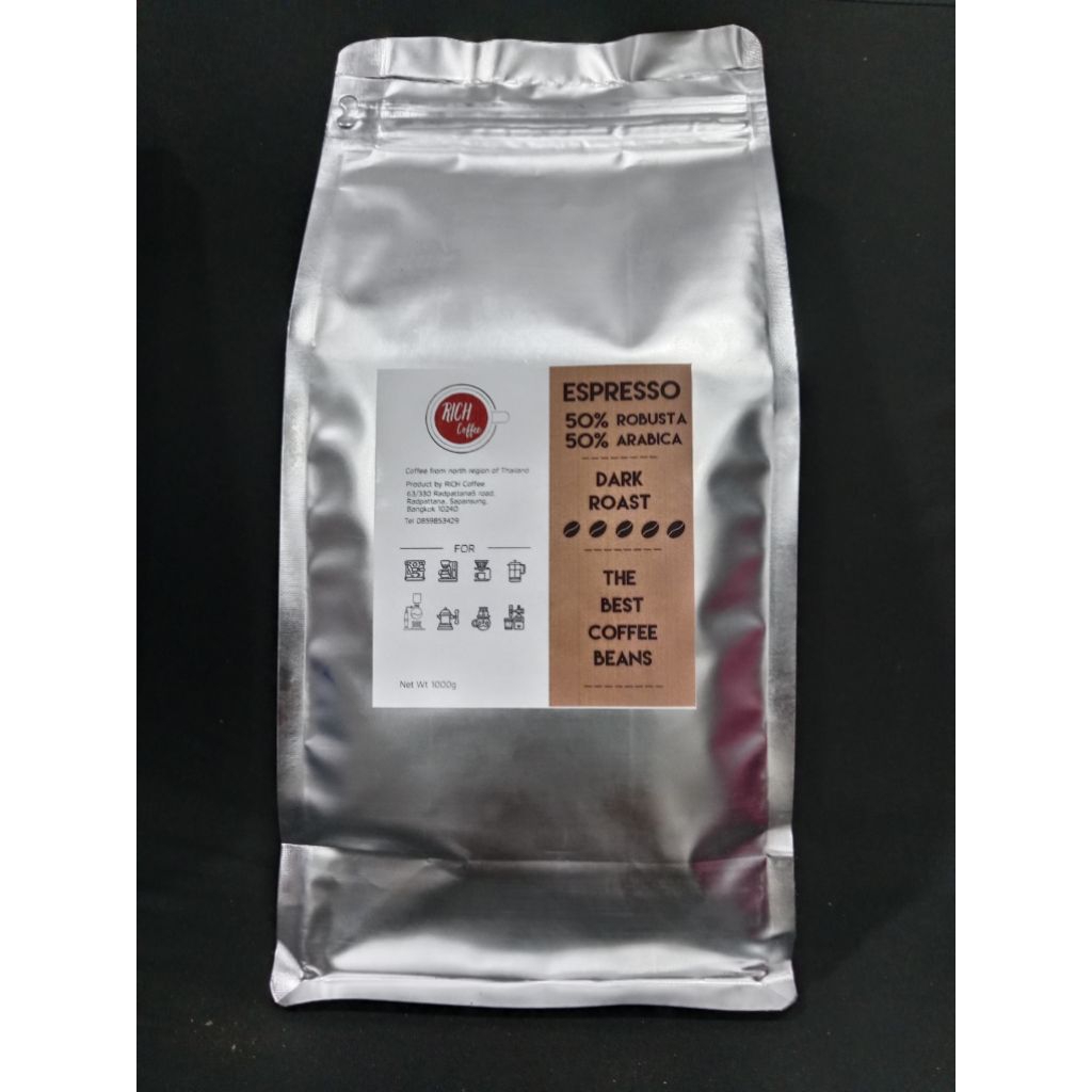 1กิโล กาแฟคั่วเข้ม/บดละเอียด/อาราบิก้า+โรบัสต้า 50%