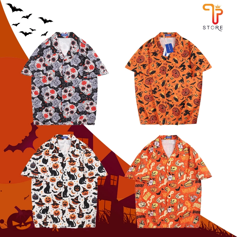 เสื้อเชิ้ตลายดอกฮาโลวีน แขนสั้นลายฟักทอง - รูปที่ 1