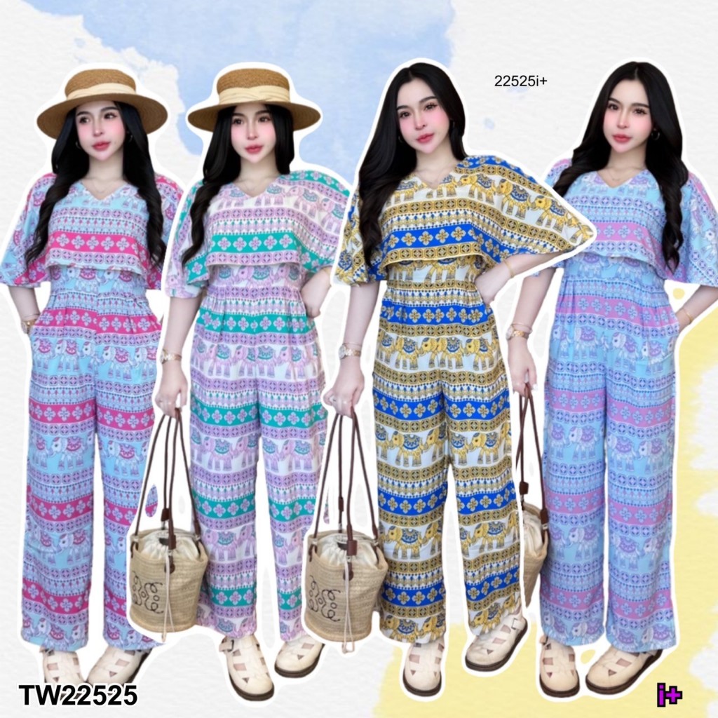 Jumpsuit จั้มปีกค้างคาว ลายช้าง TW22525 TwinsShopVip💗พร้อมส่ง