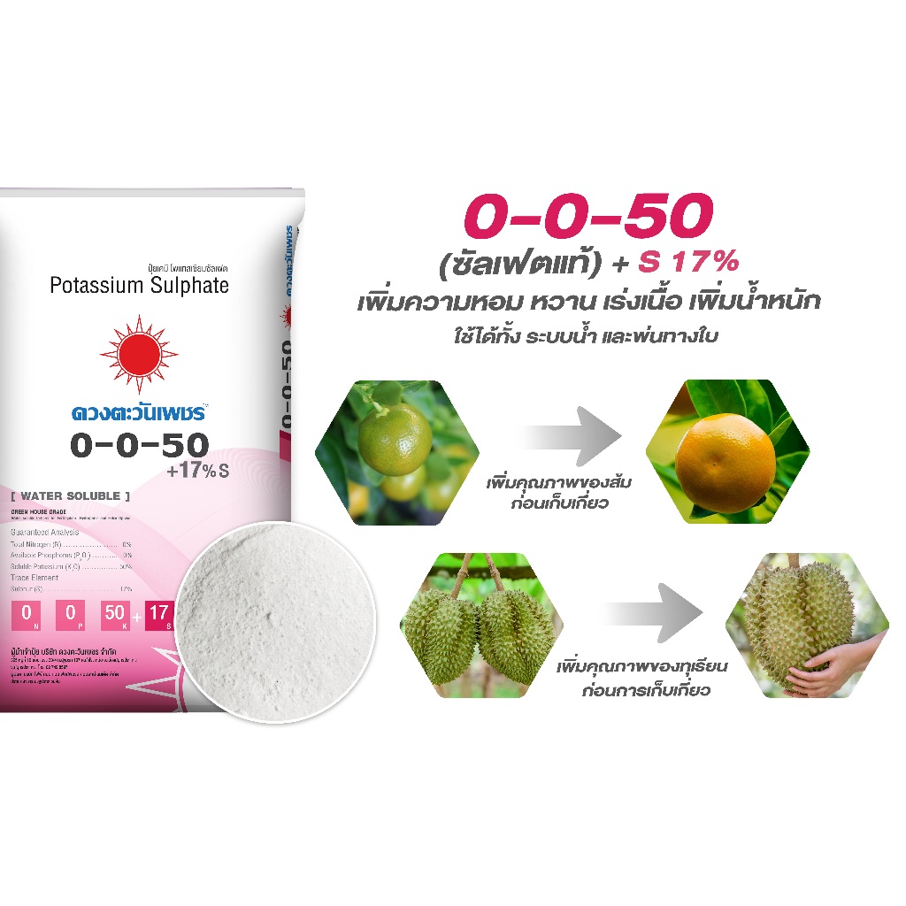 ปุ๋ยเกล็ด 0-0-50 + 17S ขนาด 25 กิโลกรัม โพแทสเซียมซัลเฟต บำรุงผล เร่งหวาน เร่งกลิ่น สี ละลายน้ำ100% - รูปที่ 4