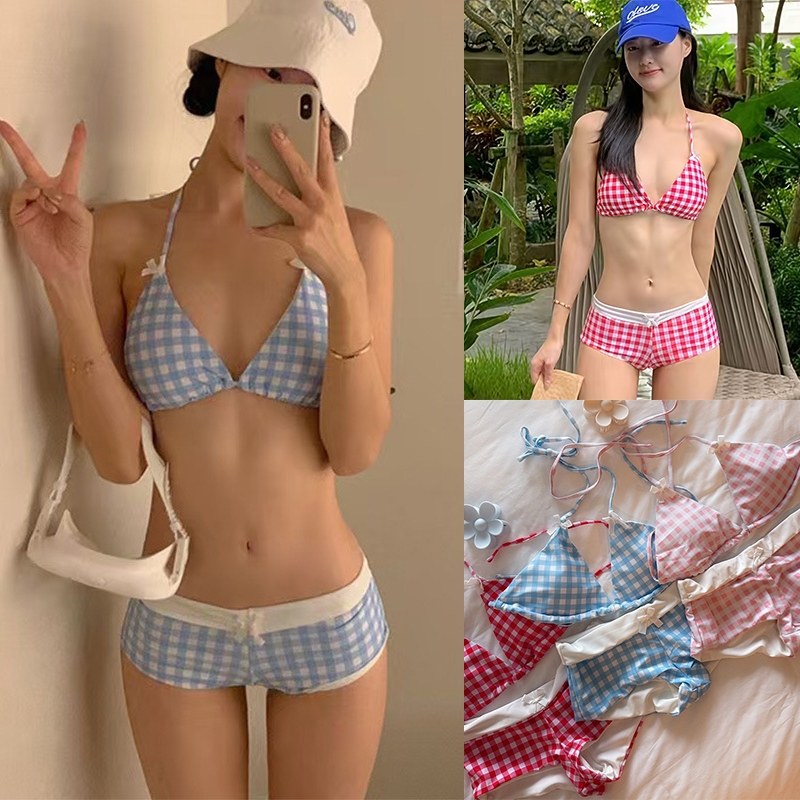 ส่งไวจากไทย ชุดว่ายน้ำผู้หญิง บิกินี่ ลายสก็อต bikini sexy ทูพีช เว้าหลัง มีฟองน้ำ#0962