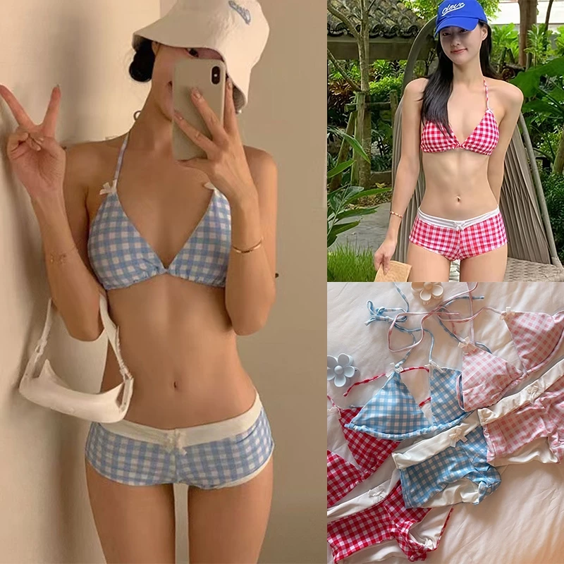 ส่งไวจากไทย ชุดว่ายน้ำผู้หญิง บิกินี่ ลายสก็อต bikini sexy ทูพีช เว้าหลัง มีฟองน้ำ#0962